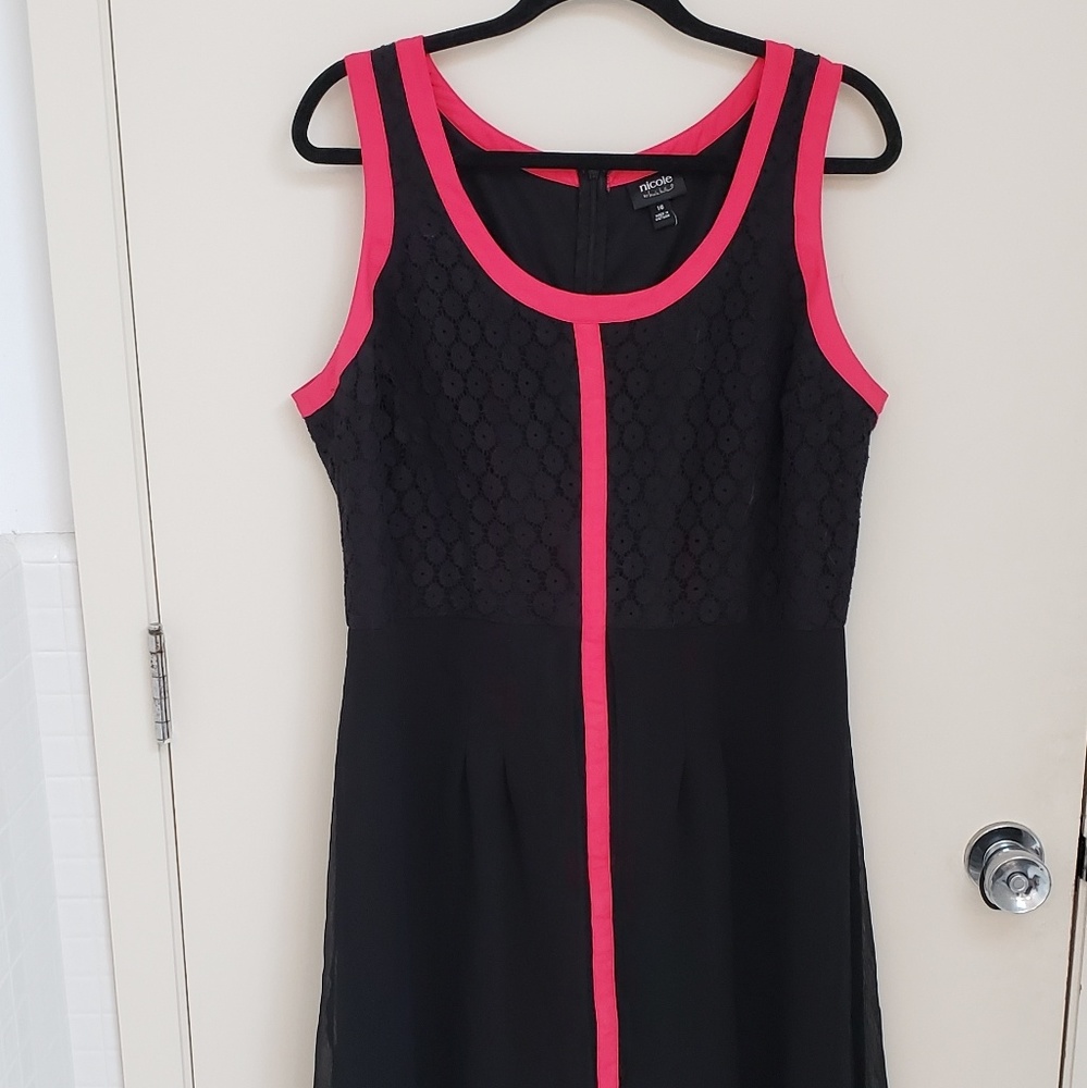 Black lace top dress with pink detail midi dress